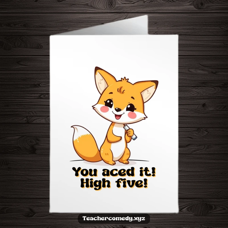 Free Printable Congratulations Card: Adorable kawaii fox writing enthusiastically on a whiteboard, perfect for funny congratulations.