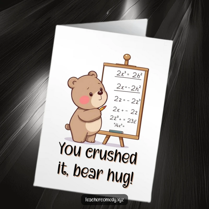 Funny Free Printable Congrats Card: Determined bear solving equations, celebrating a successful academic endeavor.