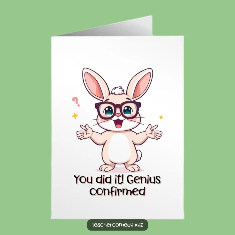 Free Printable Congratulations Card: Bunny Explains Success with Glasses - Funny Downloadable Gift