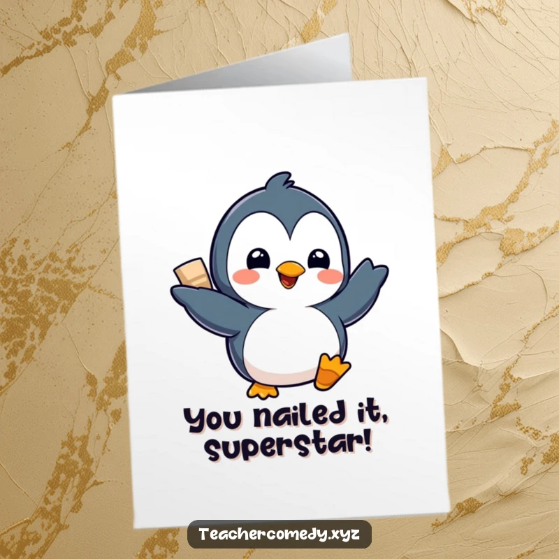 Funny Free Printable Congratulations Card showing a delighted kawaii penguin showing off a completed project with pride.
