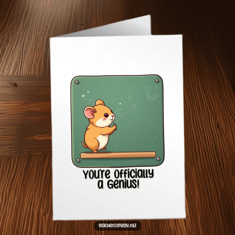 Funny Free Printable Congratulations Card: Curious hamster writing a message on a giant chalkboard, chalk dust flying, perfect for celebrations.
