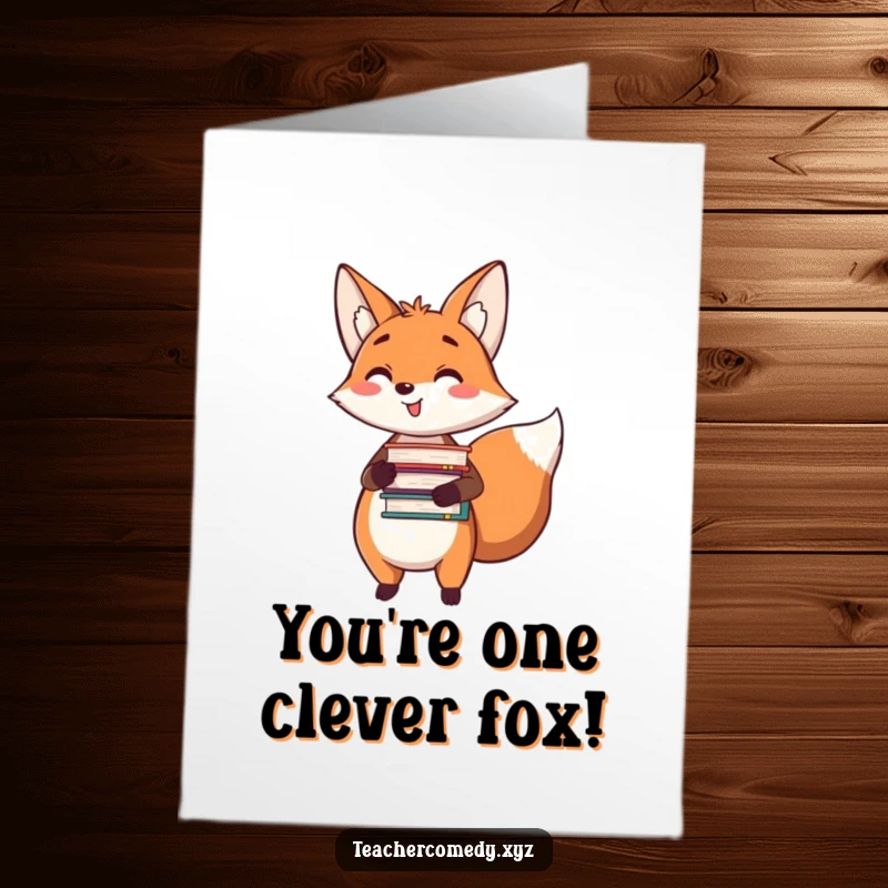 Funny Free Printable Congrats Card: Happy fox holds books, pointing to a success.