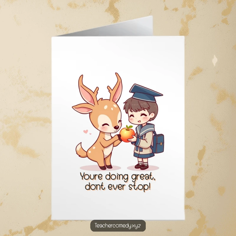 Funny Free Printable Deer Card congratulating a student with a glowing apple, symbolizing wisdom and success.