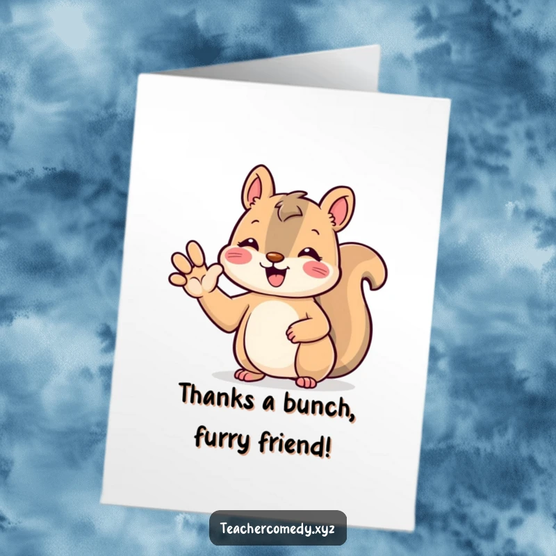 Funny free printable thank you card with a cheerful kawaii squirrel raising its paw in gratitude.