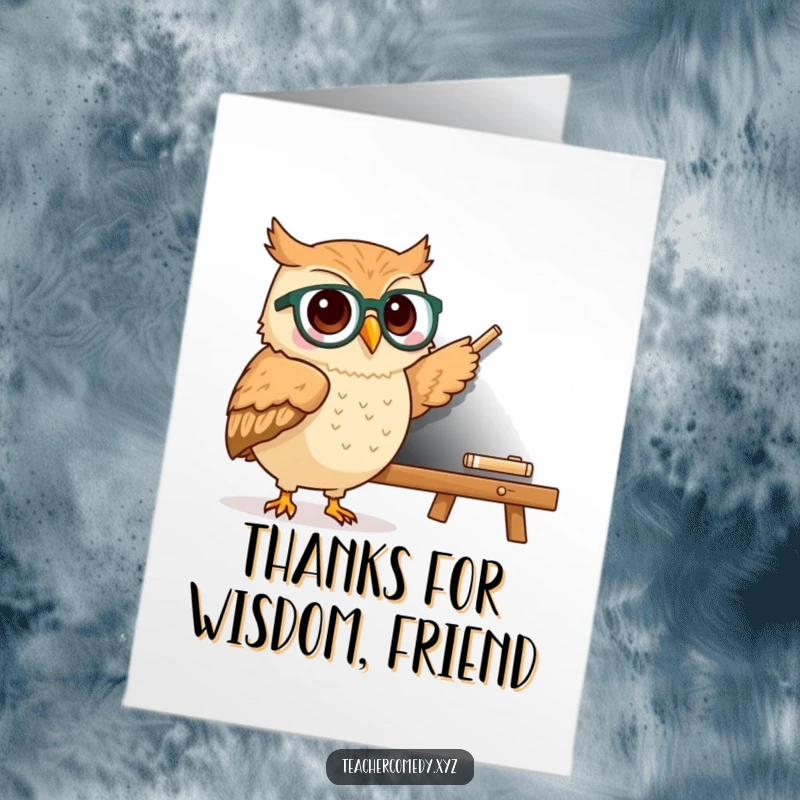 Funny Free Printable Thank You Card: A kawaii owl with spectacles points to a chalkboard, expressing smart gratitude. Downloadable gift.