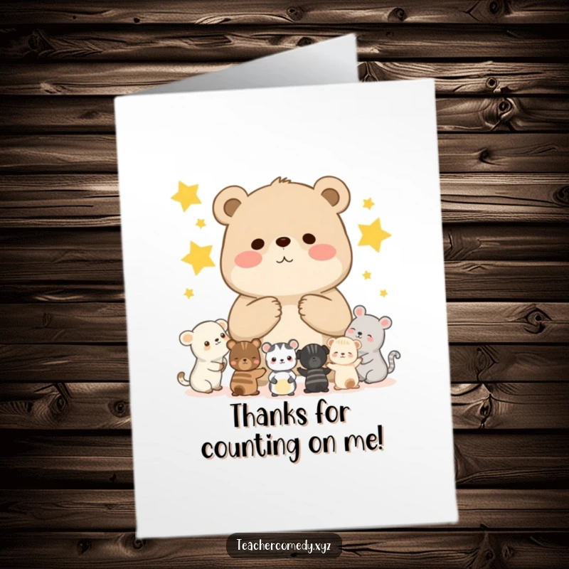 Funny Free Printable Thank You Card: Chubby bear cub teaches small animals to count stars, perfect for thanks.