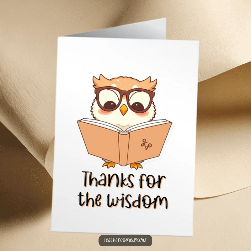 Funny Free Printable Thank You Card: A smiling owl with glasses reads a large book, conveying sincere thanks humorously.