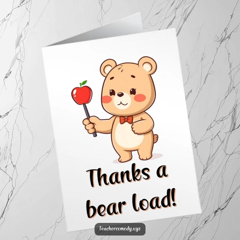 Funny Free Printable Thank You Card: A happy bear points with a stick to an apple, signifying a sweet thank you gesture.