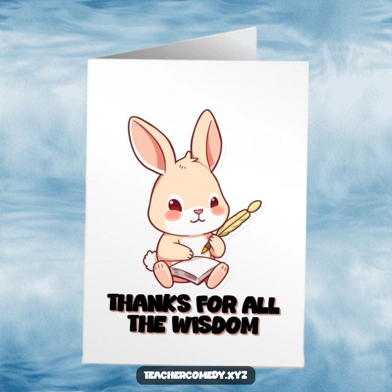 Funny Free Printable Thank You Card: A curious rabbit meticulously records thanks with a quill pen, adding a witty touch.