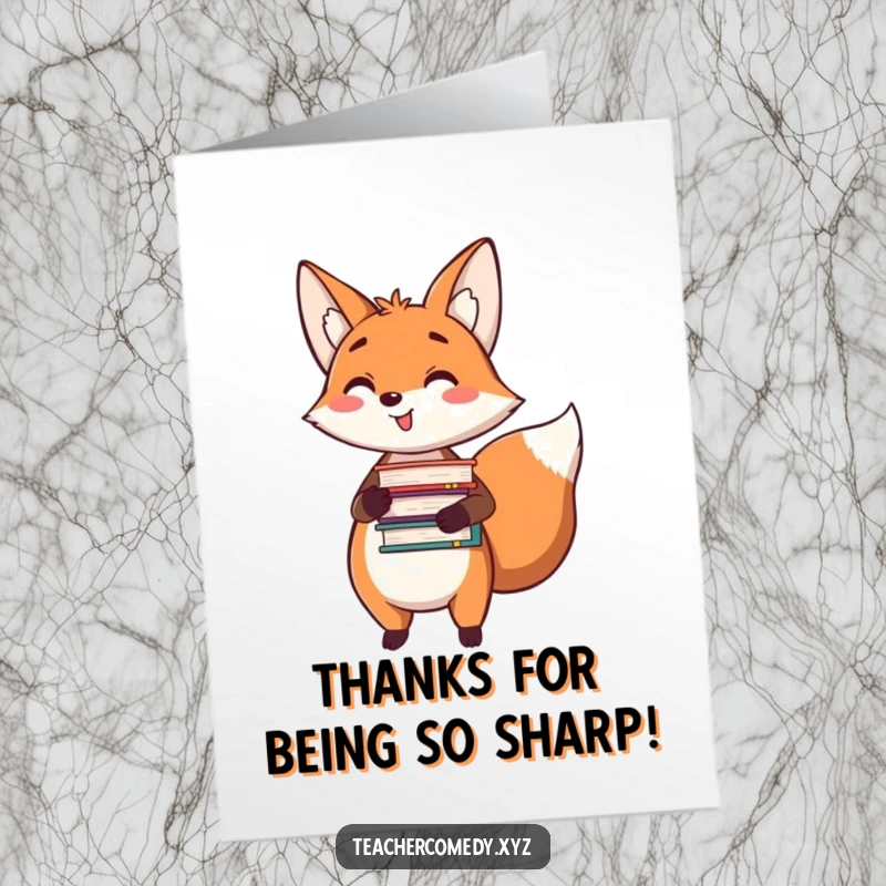 Funny Free Printable Thank You Card: Happy fox holds books, pointing to thanks.