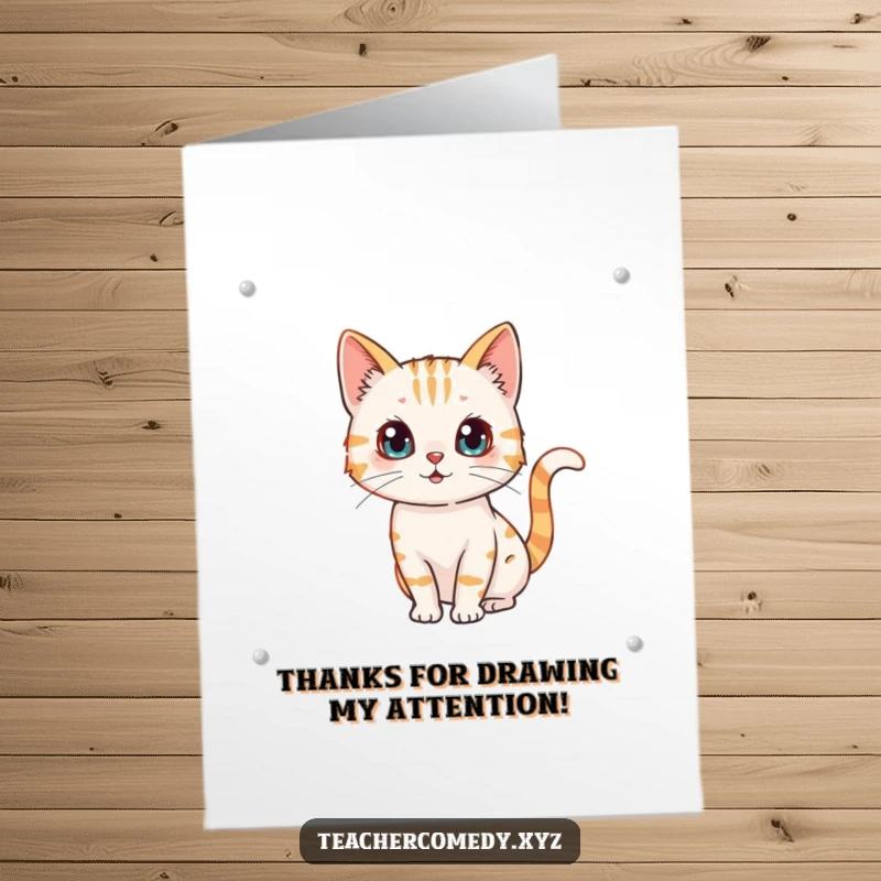 Funny Free Printable Thank You Card: A cat holding a marker, drawing a smiley face on a whiteboard, tail wagging gratefully.