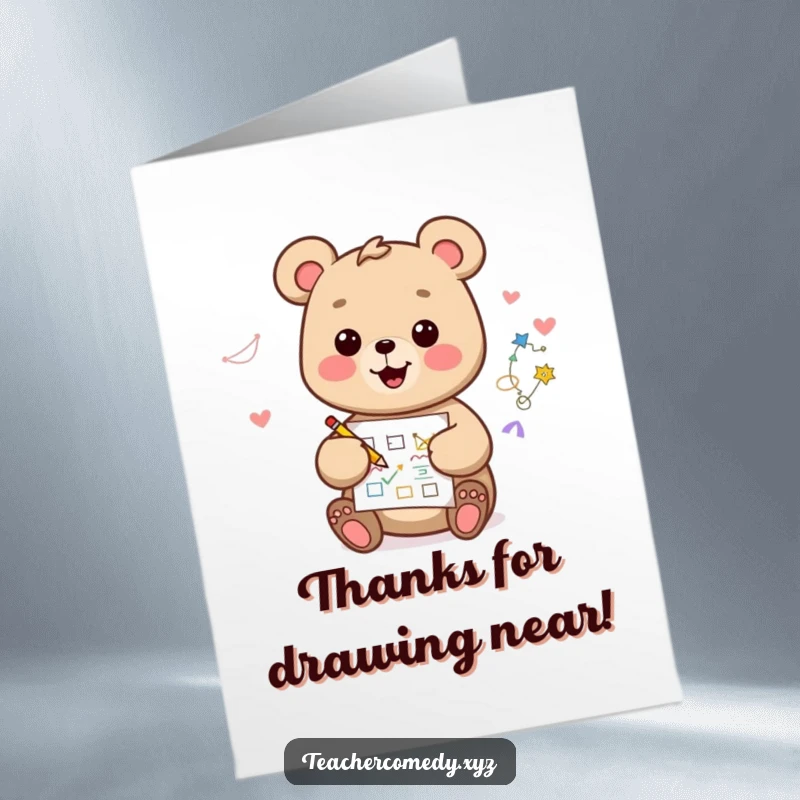 Funny free printable thank you card showing a kawaii bear illustrating a heartfelt diagram to express thanks.