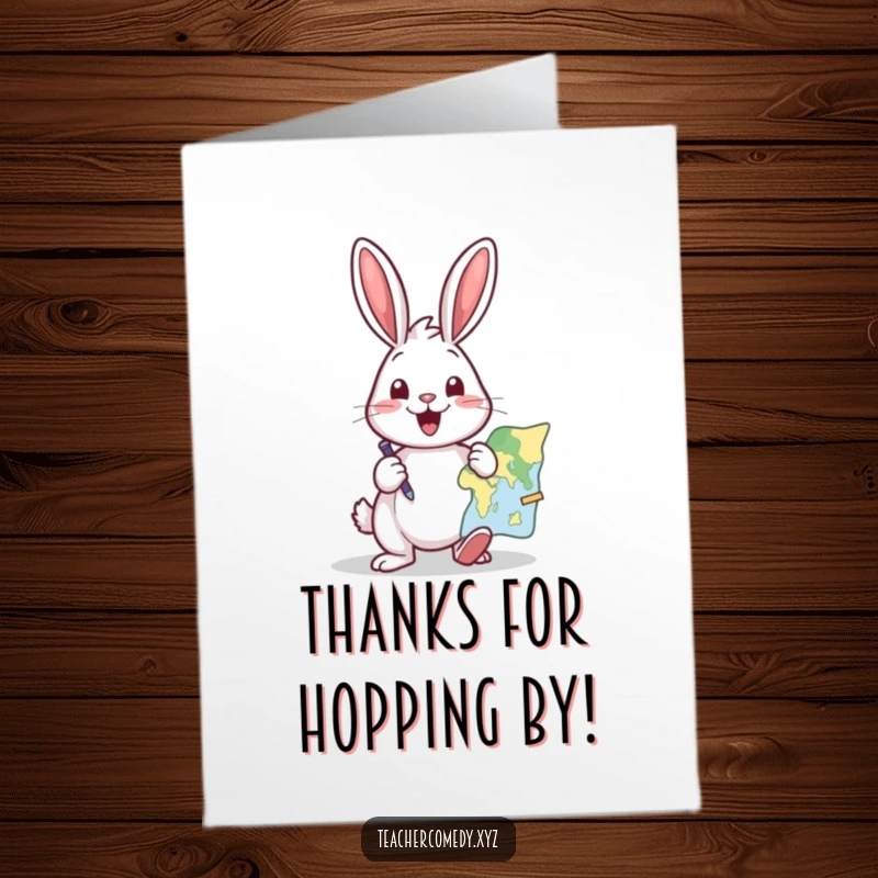 Funny Free Printable Thank You Card: A cheerful rabbit excitedly taps a map with a pointer, planning a special surprise to show gratitude.