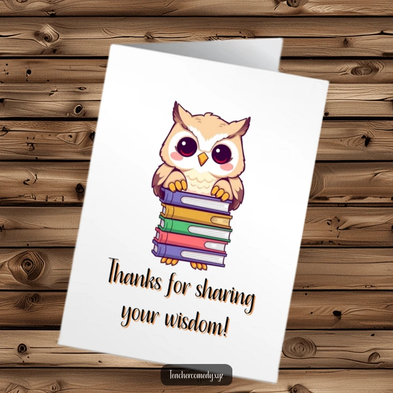 Funny Free Printable Thank You Card: A wise owl holding a stack of books, offering one with a thankful expression.