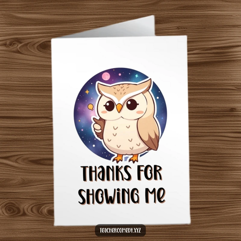 Funny Free Printable Thank You Card: Huffy owl points to a constellation, sending thanks across the galaxy.
