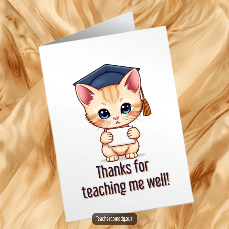 Funny Free Printable Thank You Card featuring a kitten in a graduation cap with a diploma, offering thanks with a smart twist.