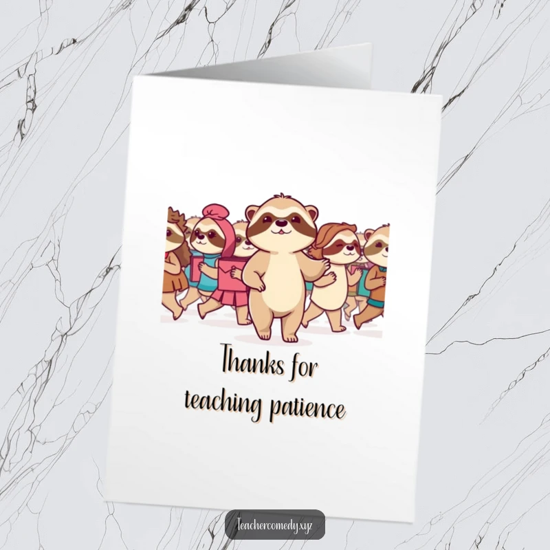 Funny Free Printable Thank You Card: A serene sloth leads a slow march, conveying gratitude in a uniquely humorous and steady manner.