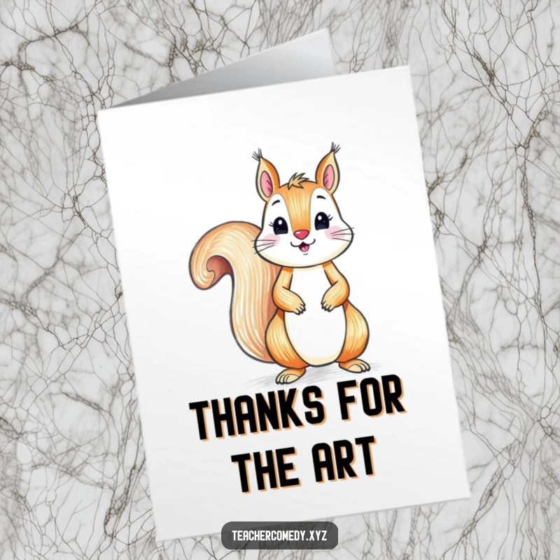 Funny Free Printable Thank You Card: A playful squirrel draws with a crayon on a large piece of paper, creating art.