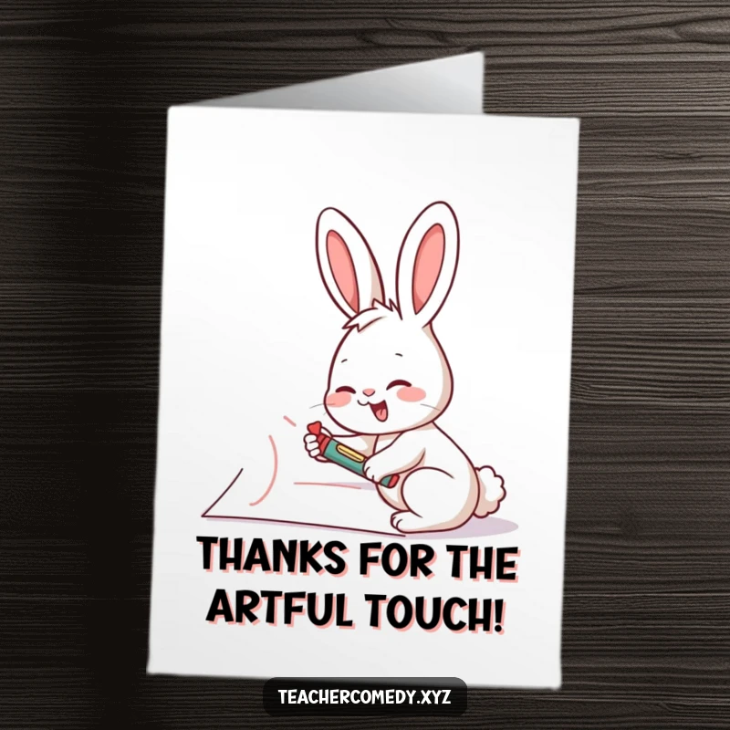 Funny Free Printable Thank You Card: A giggling rabbit draws a large thank you message with a crayon.