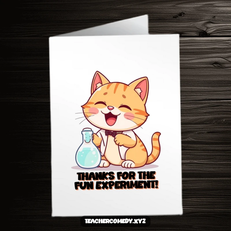 Funny Free Printable Thank You Card: Giggling cat mixing potions, a humorous symbol of creative gratitude.
