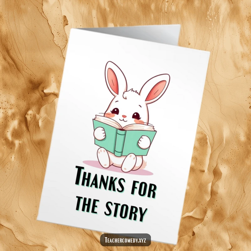 Funny Free Printable Thank You Card: A curious kawaii rabbit holds a stack of open books, expressing bookish gratitude. Downloadable gift.