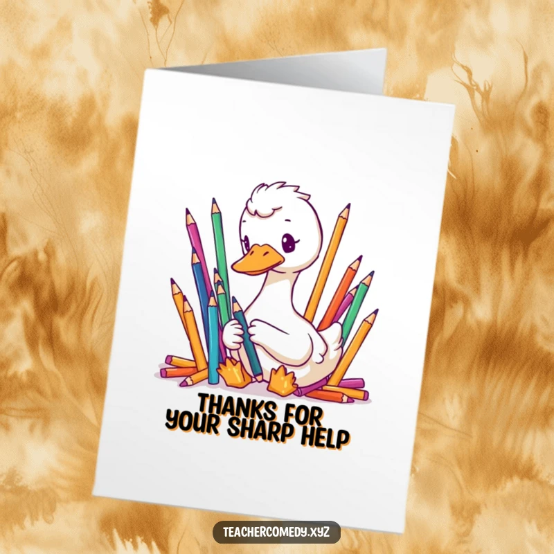 Funny Free Printable Thank You Card: A focused goose meticulously arranges colorful pencils in perfect order.