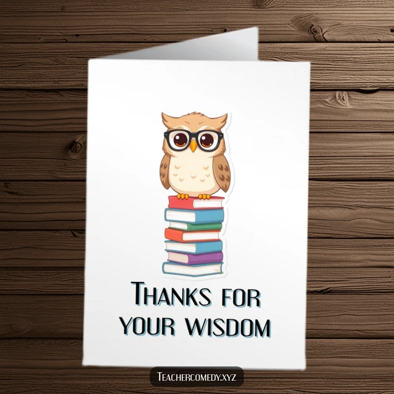 Funny Free Printable Owl Thank You Card: Wise owl on books, wearing spectacles, expressing gratitude.