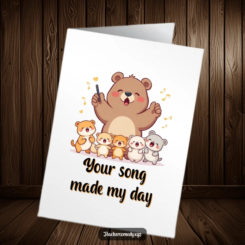 Funny Free Printable Thank You Card: Determined bear conducting a chorus of happy little animals singing, a musical way to say thanks.