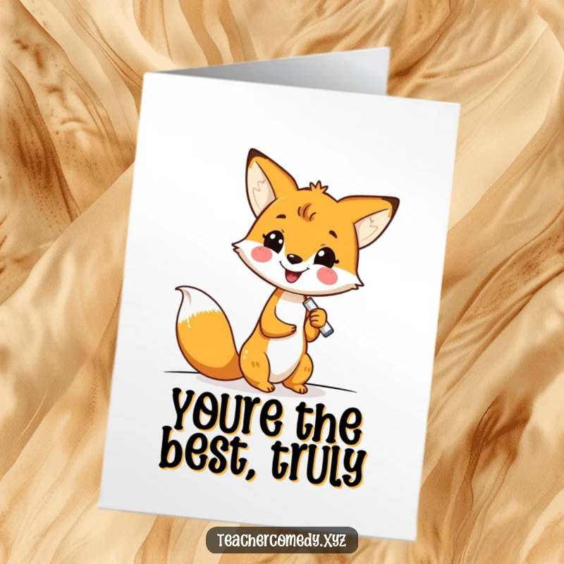Funny Free Printable Thank You Card: Cute kawaii fox writing on a whiteboard, a humorous way to say thanks.