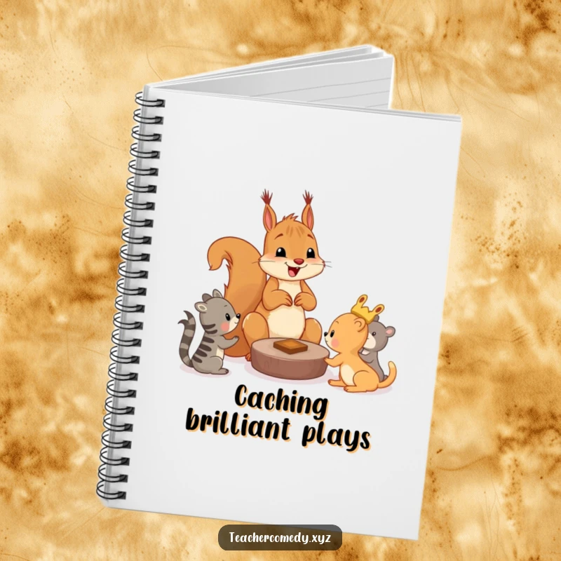 Funny squirrel notebook with a cheerful squirrel teaching younger animals a game, ideal for notes and game ideas.