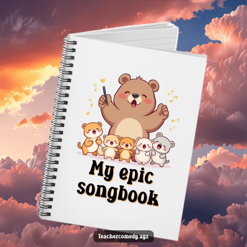 Funny notebook cover featuring a determined bear leading small animals in song, perfect for jotting down lyrics or daily musings.