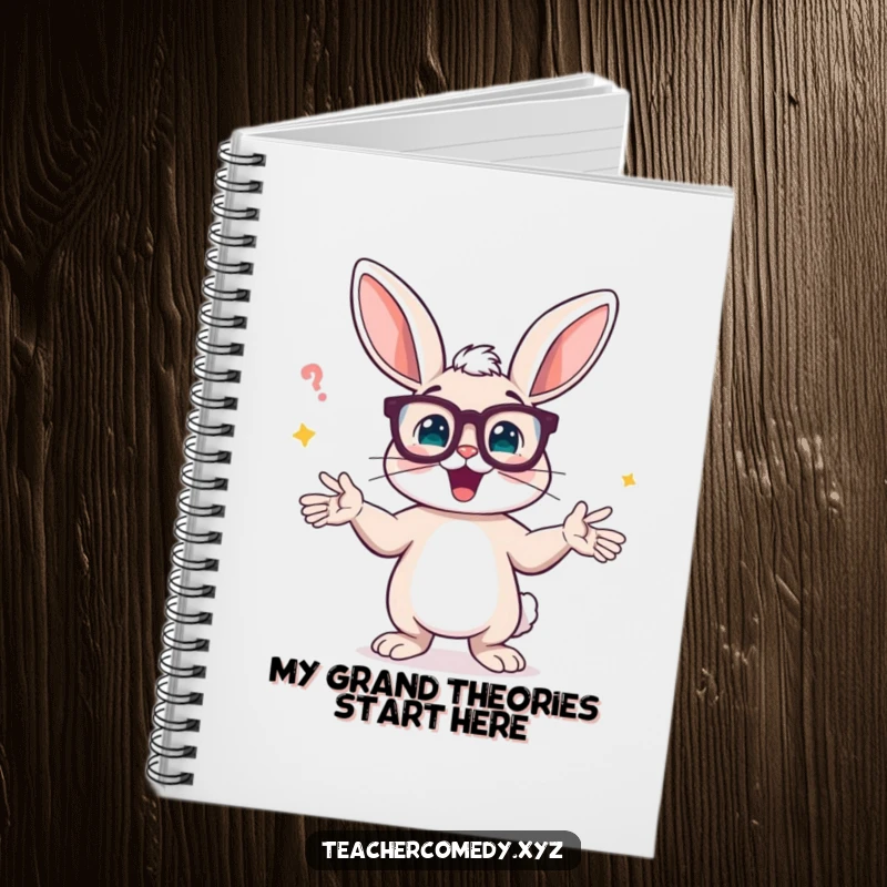 Funny notebook cover depicting a bunny wearing spectacles, animatedly explaining a concept with wide, energetic gestures.