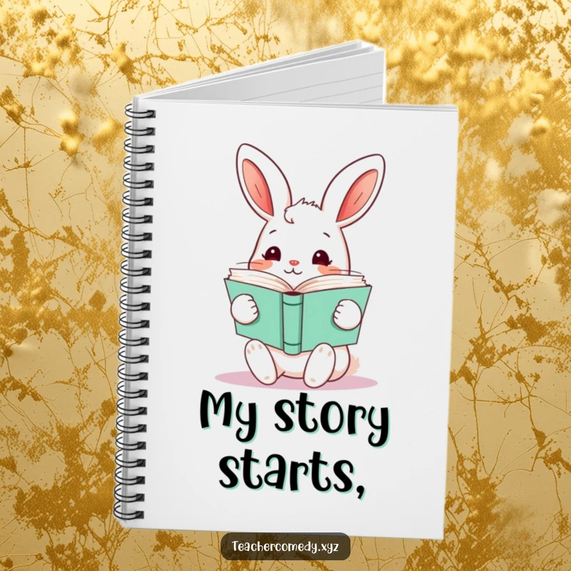 Funny kawaii rabbit holding a stack of open books, a blank notebook for writing, perfect for students and readers.
