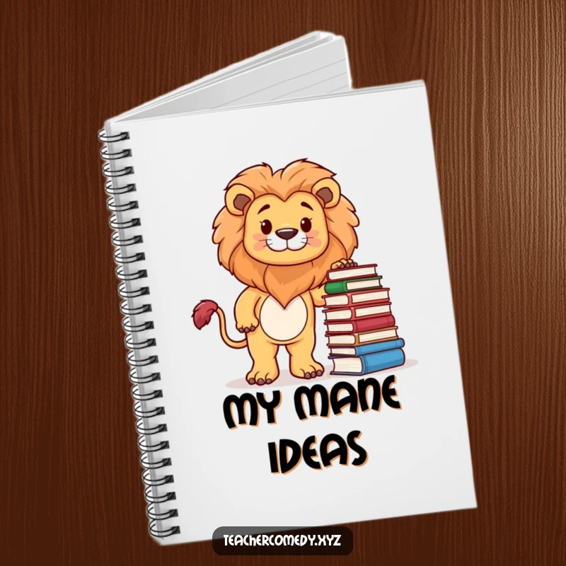 Funny notebook cover with a proud lion character standing by a stack of books, ideal for jotting notes with a scholarly flair.