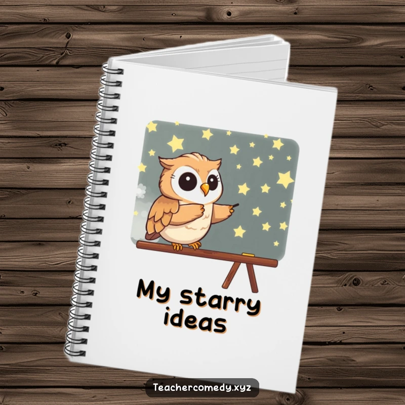 Funny notebook featuring a wise owl pointing at a star-filled blackboard, ideal for jotting down knowledge and creative ideas.