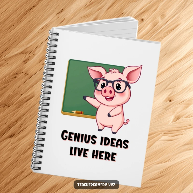 Funny notebook with a cheerful pig wearing glasses, smiling and pointing at a chalkboard, a humorous journal for bright minds.