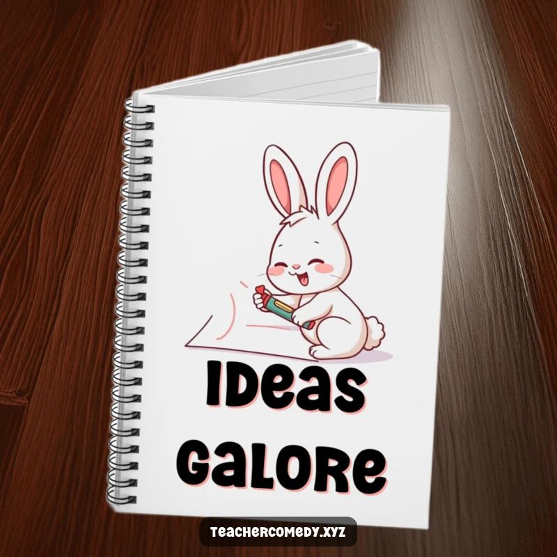 Funny rabbit artist notebook, featuring a giggling rabbit drawing on a giant piece of paper with a crayon; ideal for notes.
