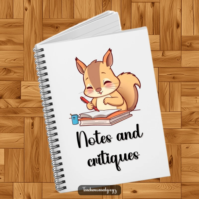 Funny notebook with a diligent squirrel meticulously grading papers with a tiny red pen, ideal for humorous note-taking.