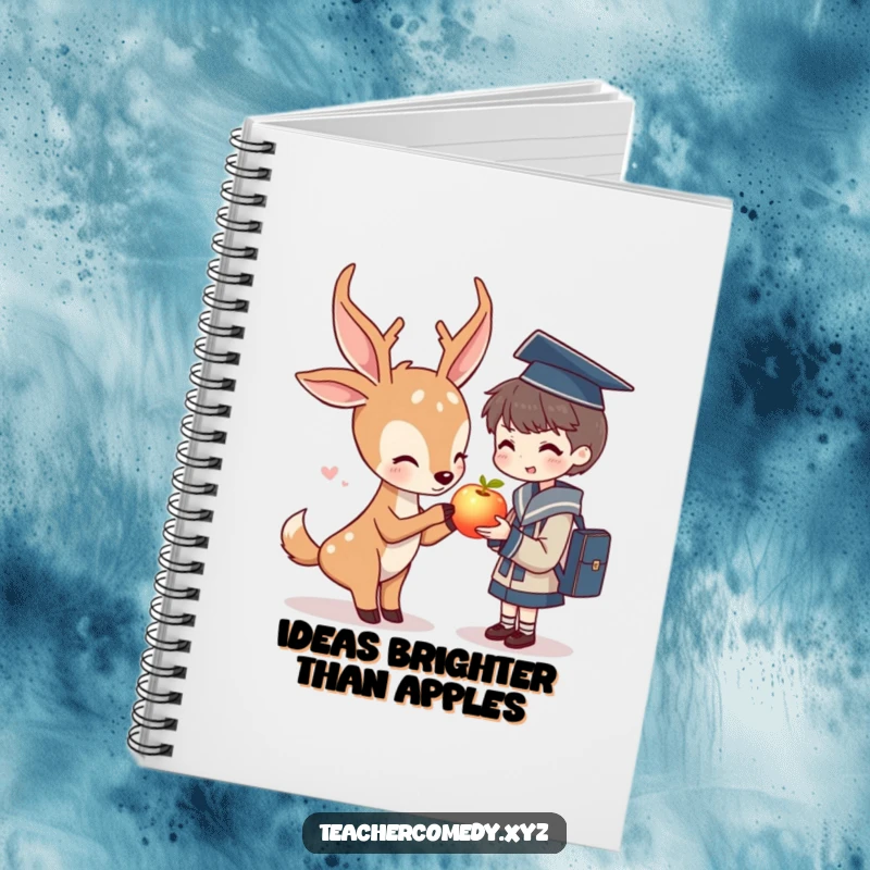 Funny notebook cover: a kind deer offers a glowing apple to a student, inspiring writing and learning.