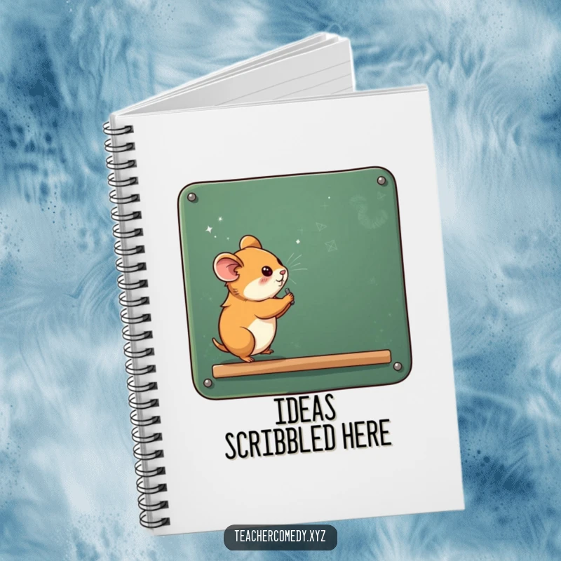 Funny, curious hamster writing on a huge chalkboard, dusty with chalk, featured on the cover of a high-quality notebook for all your notes.