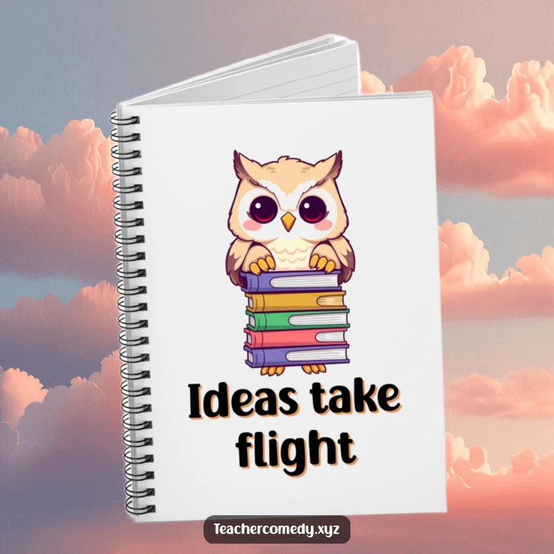 Funny notebook cover showing a playful owl character peering over a stack of books, ready for creative thoughts.