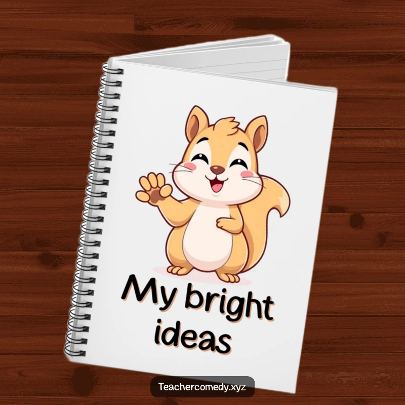 Funny kawaii squirrel raising its paw to answer, inspiring organization and quick thinking, a perfect notebook for brilliant minds.