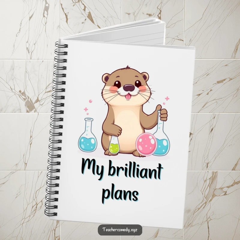Funny otter character focusing on bubbling beakers, perfect funny notebook.