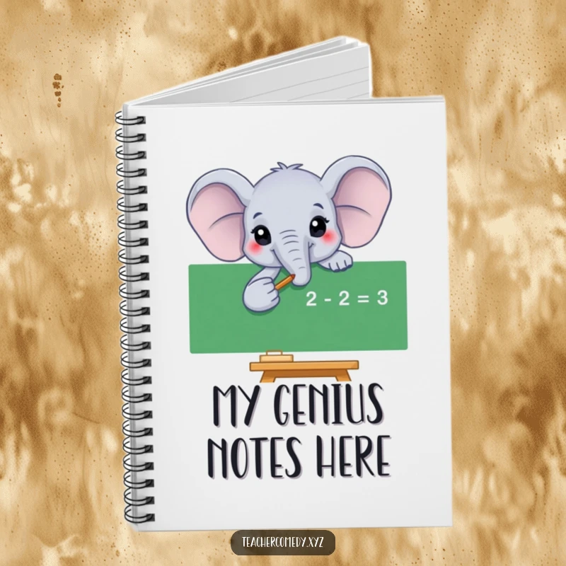 Funny elephant notebook with a smiling elephant pointing to a math equation on a blackboard, perfect for notes and ideas.