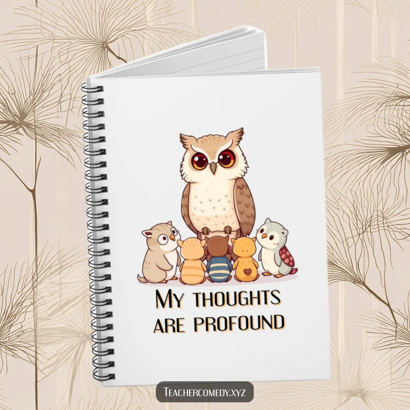 Funny notebook featuring a wise owl whispering advice to attentive young animals, ideal for journaling thoughtful ideas and lessons.