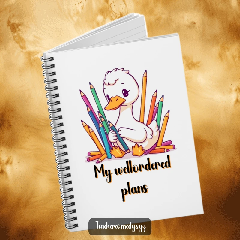Funny notebook with a focused goose meticulously organizing colorful pencils, ideal for jotting down organized thoughts.