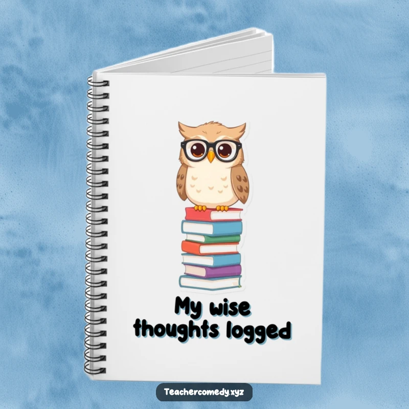 Funny owl notebook with spectacles on a tall stack of books, ideal for notes, thoughts, and study.