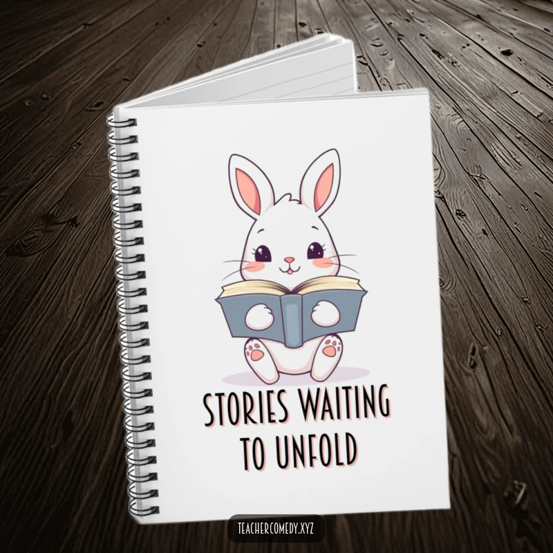 Funny kawaii rabbit holding a stack of open books, inspiring organization and creativity, a perfect notebook for literature lovers.
