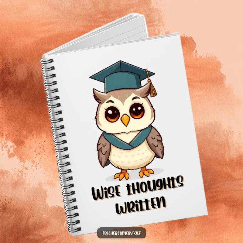 Funny notebook featuring a cheerful owl wearing a graduation cap and gown, ideal for jotting down notes and academic ideas.