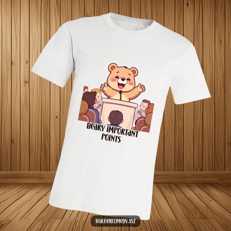 Funny t-shirt with a happy bear enthusiastically gesturing at a podium, delivering a humorous and inspiring speech.